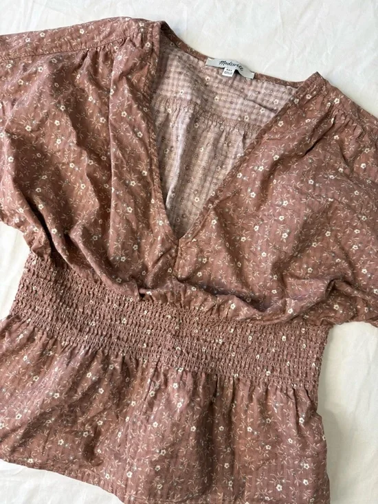 Madewell XXS Brown Floral Printed Smocked Peplum Blouse V-Neck  Top Boho - Picture 8 of 8